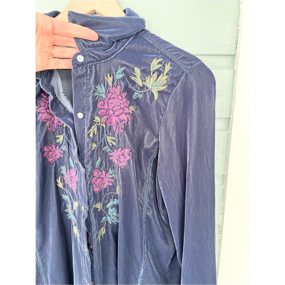 J Jill NWT blue velvet western embroidered boho button down blouse top coastal M - Picture 3 of 8